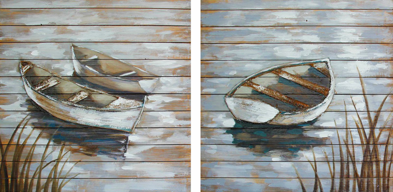 HA094 Wall décor art oil on canvas nautical boats brown tones set of 2